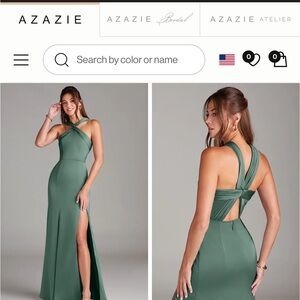 Azazie Rue Eucalyptus A-Line Pleated Stretch Satin Dress